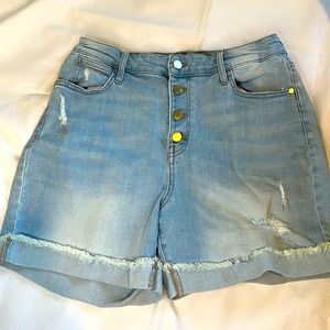 Jennifer Lopez Distressed Sculpt High Rise Jean Shorts 12S Frayed Hem Button Fly